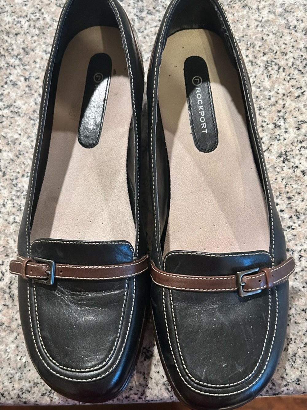 Rockport Womens 10 Black Brown Buckle Dark Academia Slip On Wedge Workwear Shoes